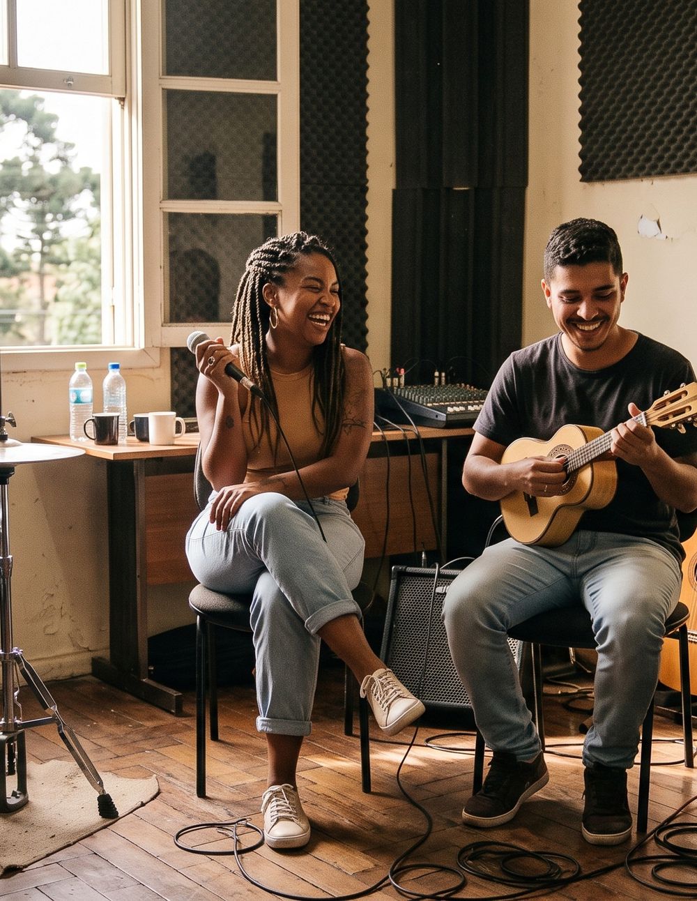 Cantora e músico tocando juntos durante um ensaio de banda