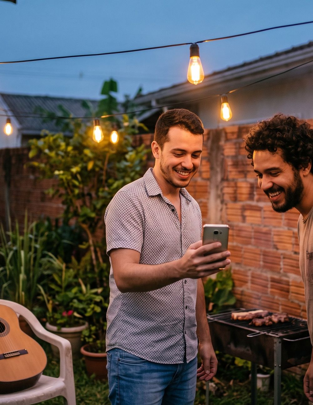 Músicos consultando o celular durante uma jam ao vivo em um quintal